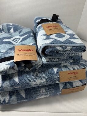 Wrangler 2 Bath, 2 Hand and, 2 Finger Towels Set NWT Blue Aztec Country Western
